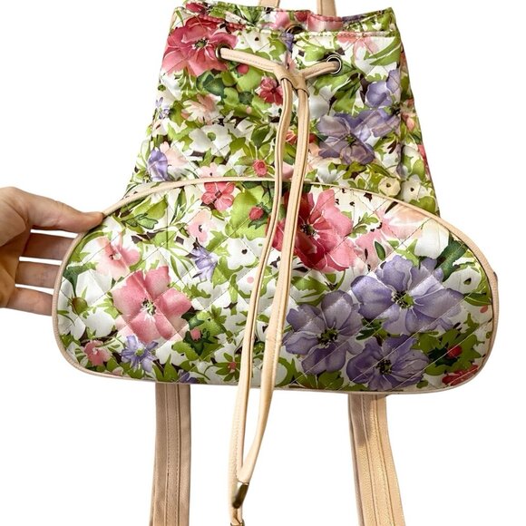Nicole Miller New York Green Floral Quilted Drawstring Backpack Knapsack‎ Garden - Picture 4 of 8